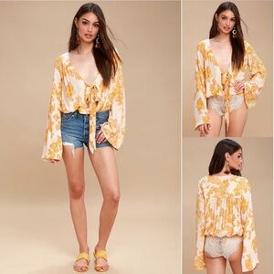 FREE PEOPLE Forties Feels‎ Printed Bell-Sleeve Bodysuit Size XS